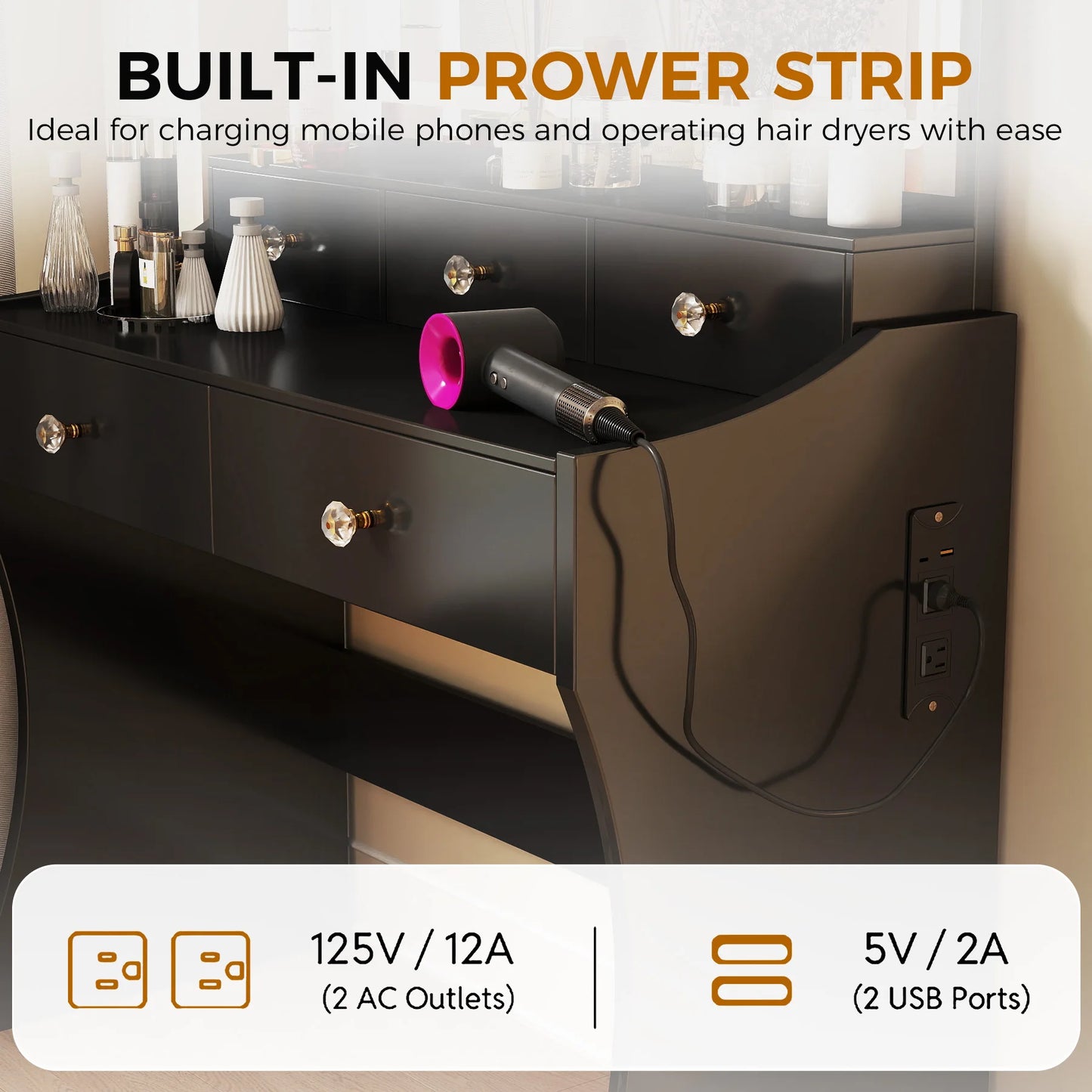 Modern Vanity Table Set with LED Mirror, 4 Drawers, Charging Station & Cushioned Chair – Stepless Dimmable Lighting
