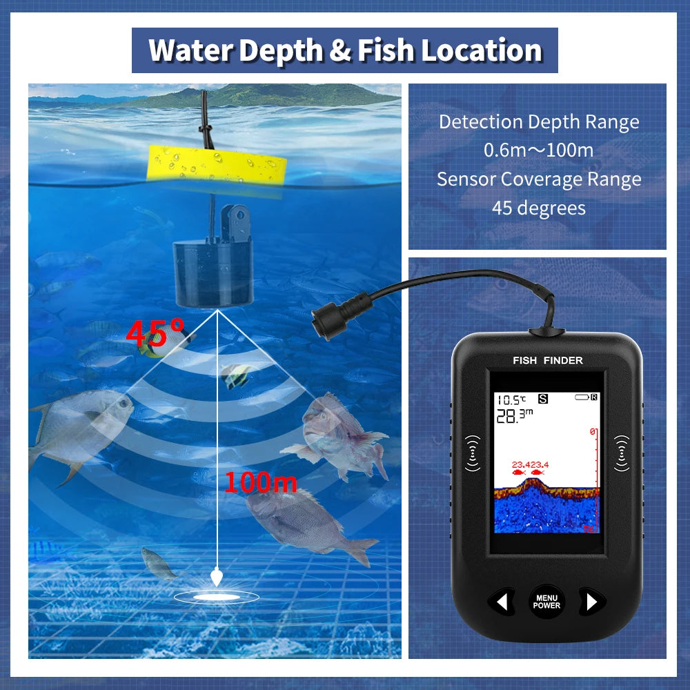 Erchang XF03 Portable Fish Finder – 100M Sonar Echo Sounder with 45° Detection & Alarm for Lake & Sea Fishing