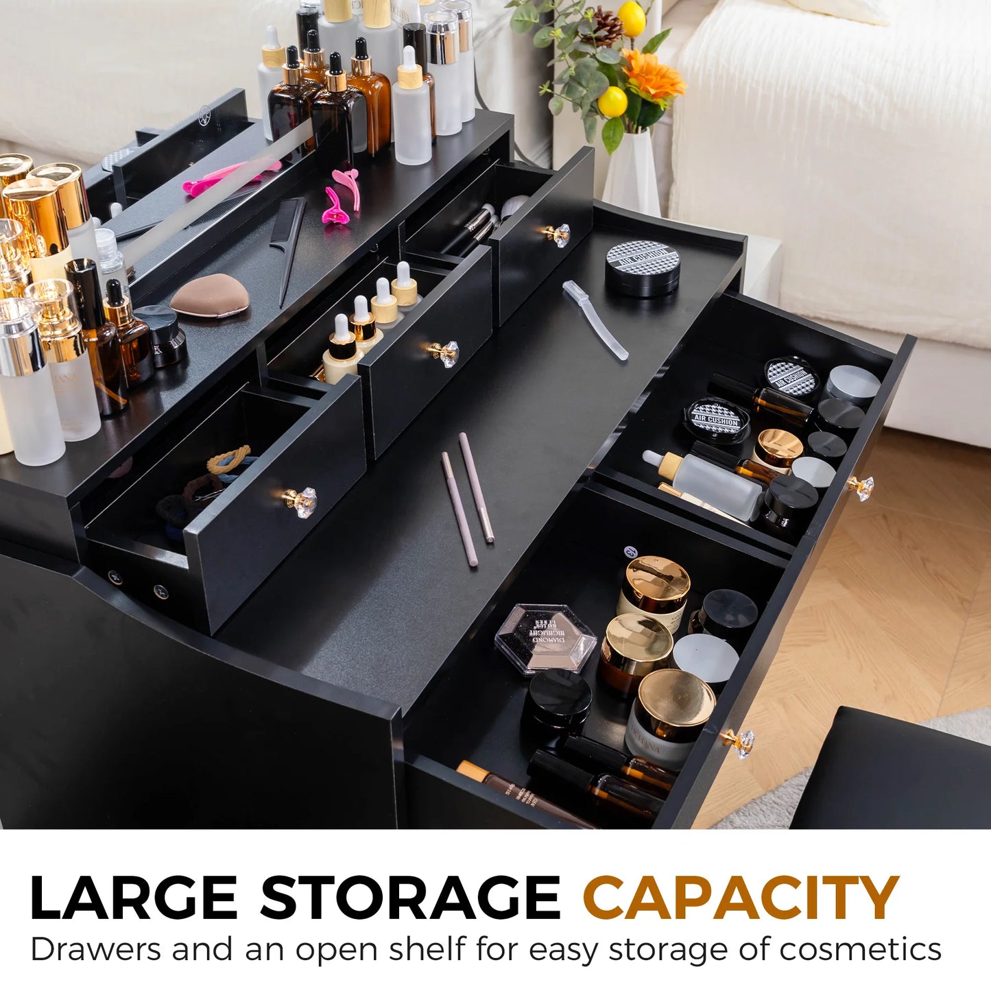 Modern Vanity Table Set with LED Mirror, 4 Drawers, Charging Station & Cushioned Chair – Stepless Dimmable Lighting