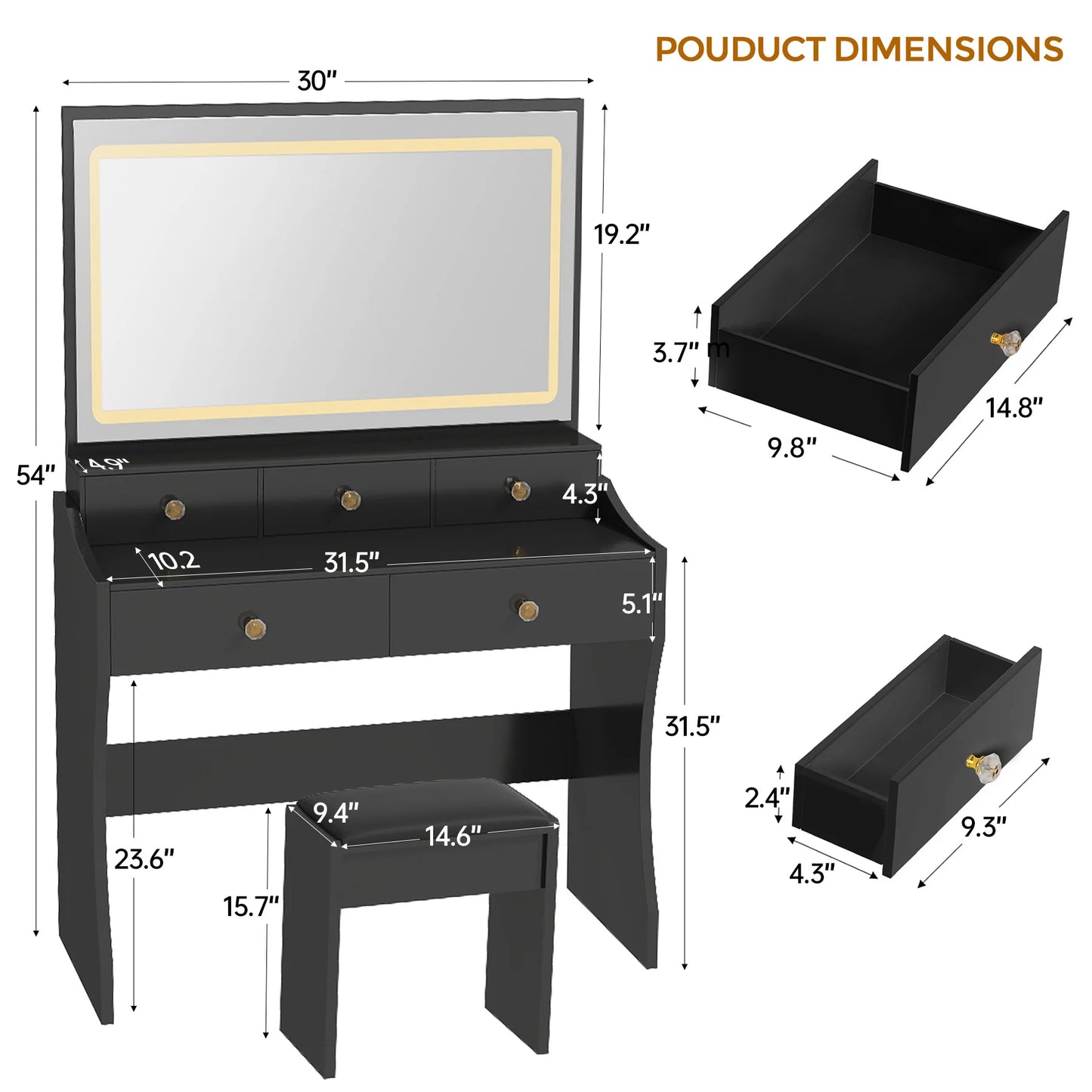 Modern Vanity Table Set with LED Mirror, 4 Drawers, Charging Station & Cushioned Chair – Stepless Dimmable Lighting