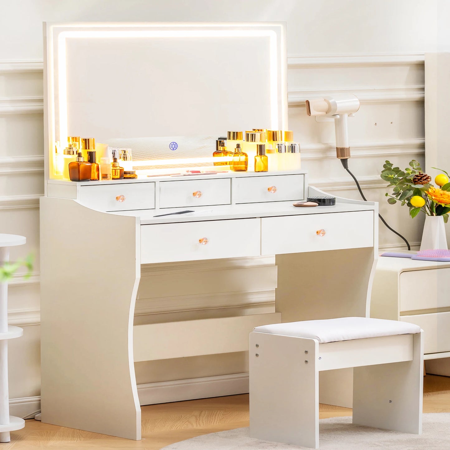 Modern Vanity Table Set with LED Mirror, 4 Drawers, Charging Station & Cushioned Chair – Stepless Dimmable Lighting