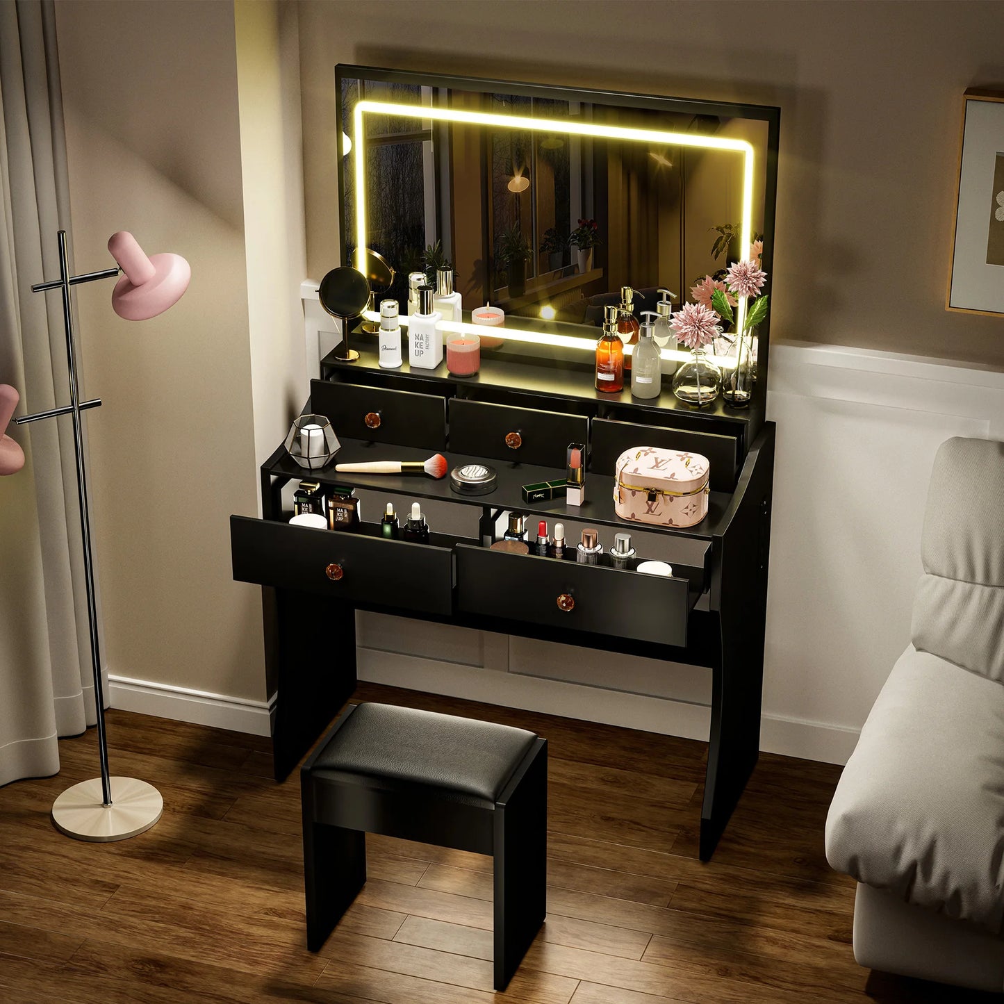 Modern Vanity Table Set with LED Mirror, 4 Drawers, Charging Station & Cushioned Chair – Stepless Dimmable Lighting