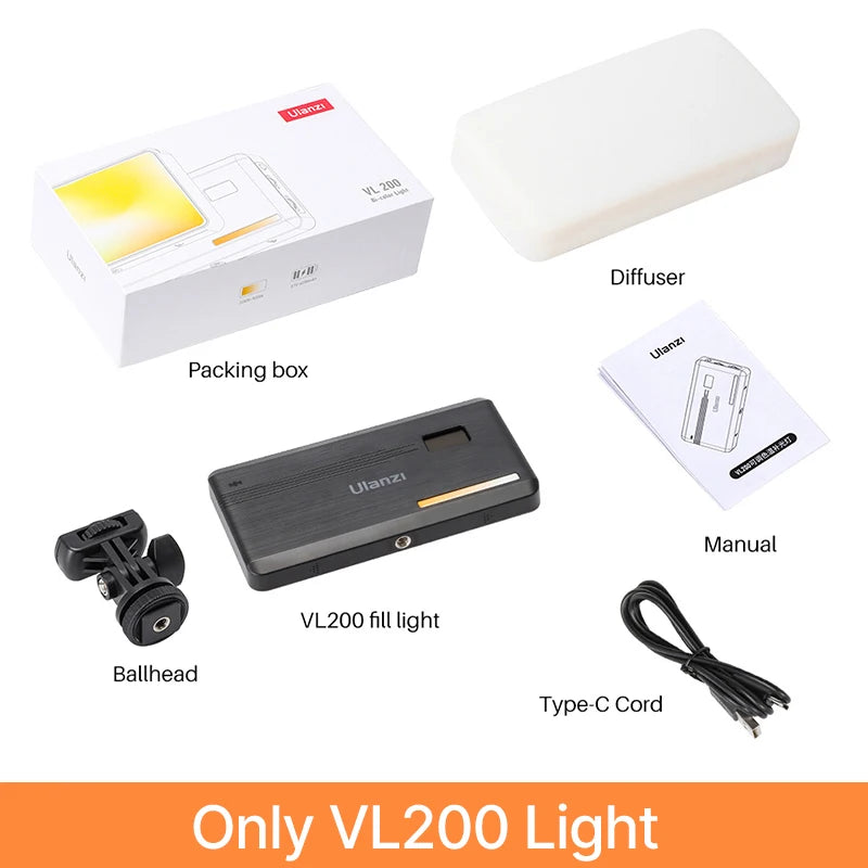 VL200 LED Camera Light: 2500K-9000K Adjustable, Dimmable with Tripod & 360° Ball Head, Includes Phone Holder & Soft Diffuser