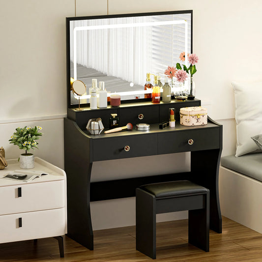 Modern Vanity Table Set with LED Mirror, 4 Drawers, Charging Station & Cushioned Chair – Stepless Dimmable Lighting