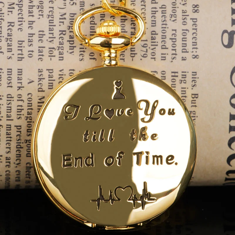 Luxury “I Love You” Golden Quartz Pocket Watch – Romantic Couple Gift Pendant, Vintage Necklace Timepiece