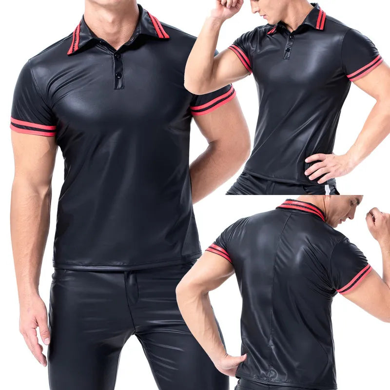 Plus Size Faux Leather Men's Short Sleeve Tee: Ideal for Sports, Fitness, and Streetwear - Elevate Your Casual Outfits