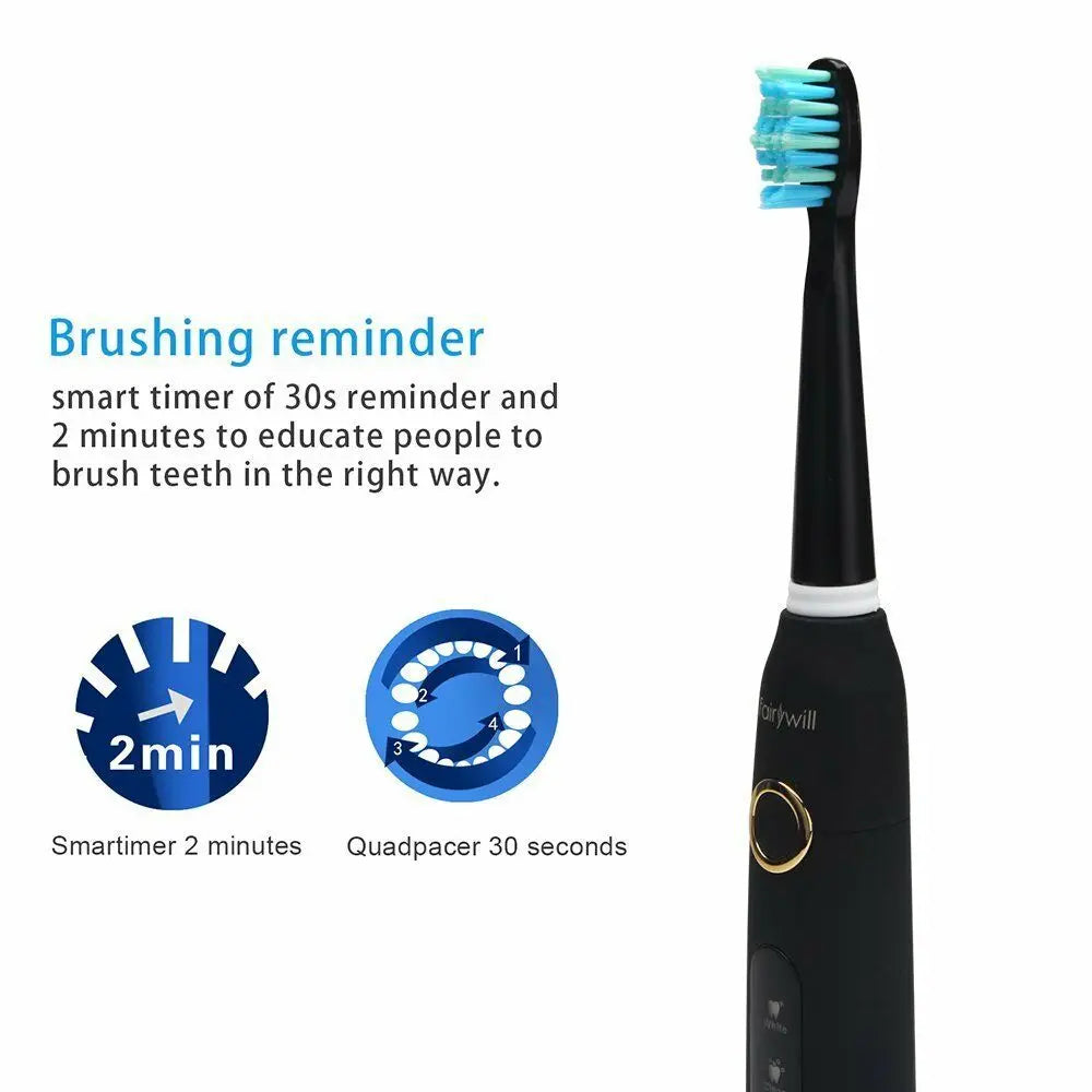 Fairywill FW-507 Sonic Electric Toothbrush: Ultra Sonic, 5 Modes, USB Charger, Waterproof IPX7 with 3 Brush Heads – Perfect Gift!