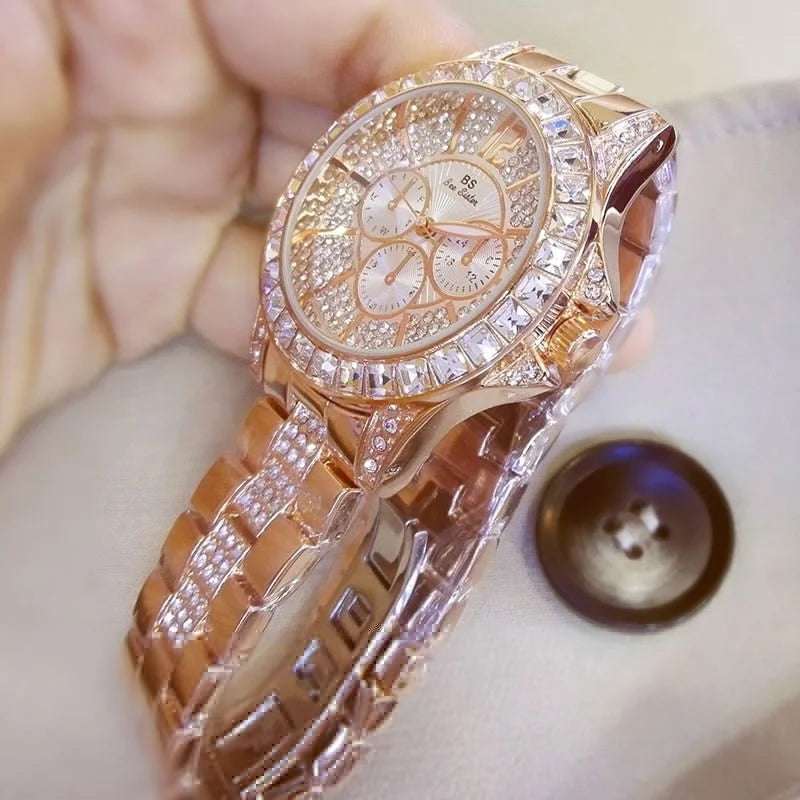 Luxury Women’s Quartz Watch – Rose Gold Crystal Wristwatch with Diamond Accents, Elegant Jewelry Timepiece