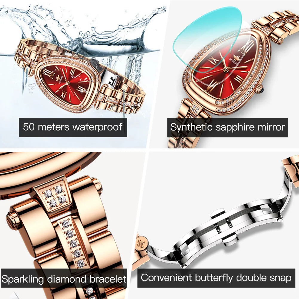 Luxury Women's Watch Set: Waterproof Sapphire Mirror, Diamond Dial, Swiss Quartz Movement with Bracelet and Necklace