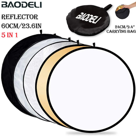 5-in-1 Collapsible Photography Reflector – 24" (60cm) Round Light Diffuser with Silver, Black, White, Gold & Translucent Surfaces