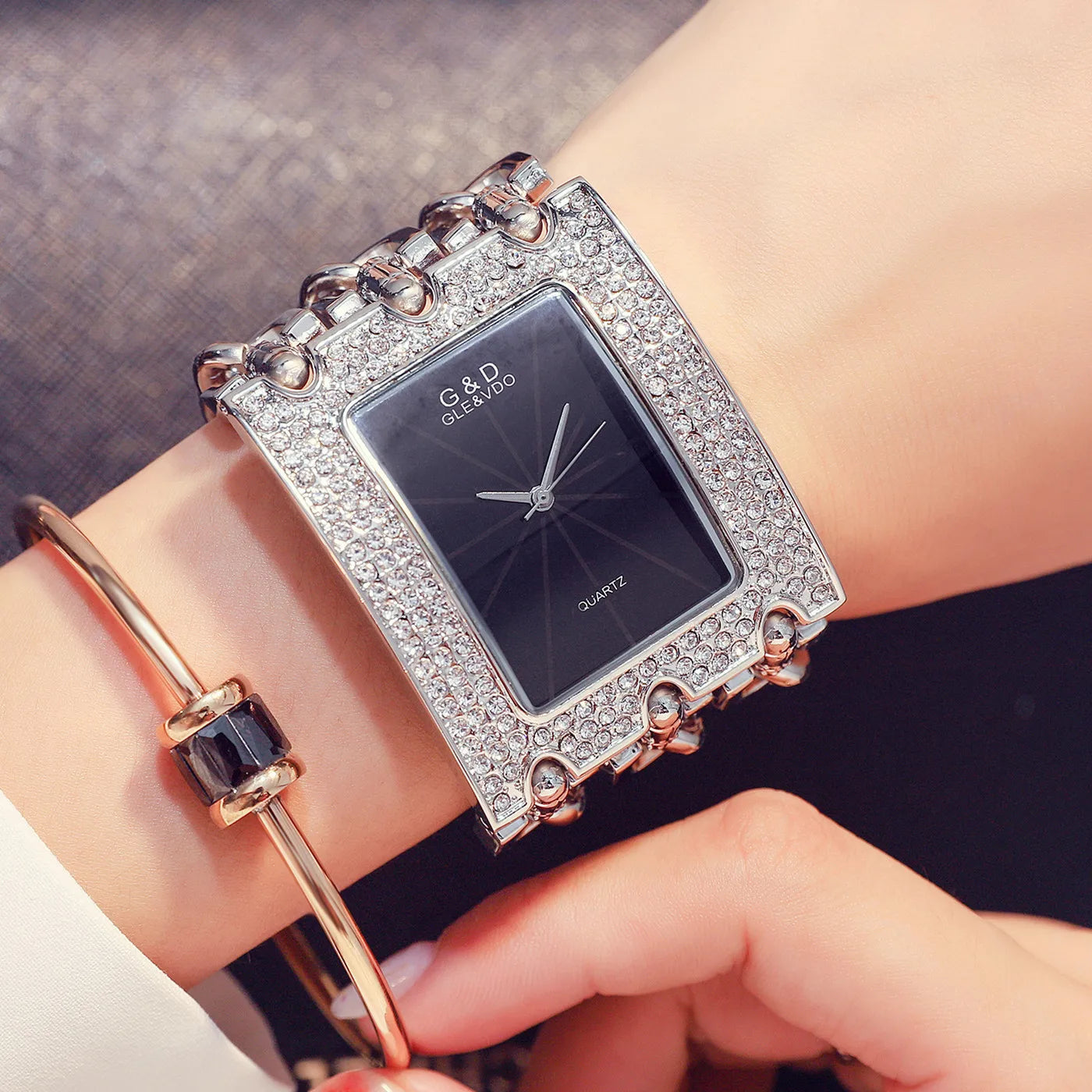 G&D Women's Fashion Bracelet Watch – Golden Quartz Wristwatch with Rhinestone Chains & Large Dial