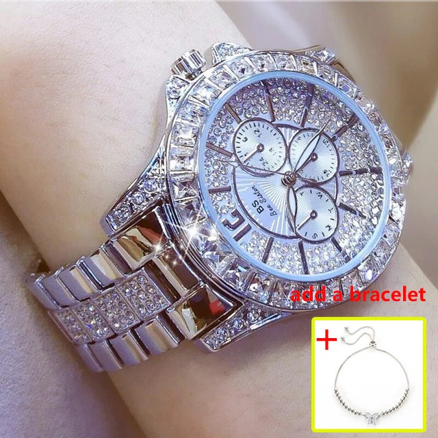 Luxury Women’s Quartz Watch – Rose Gold Crystal Wristwatch with Diamond Accents, Elegant Jewelry Timepiece