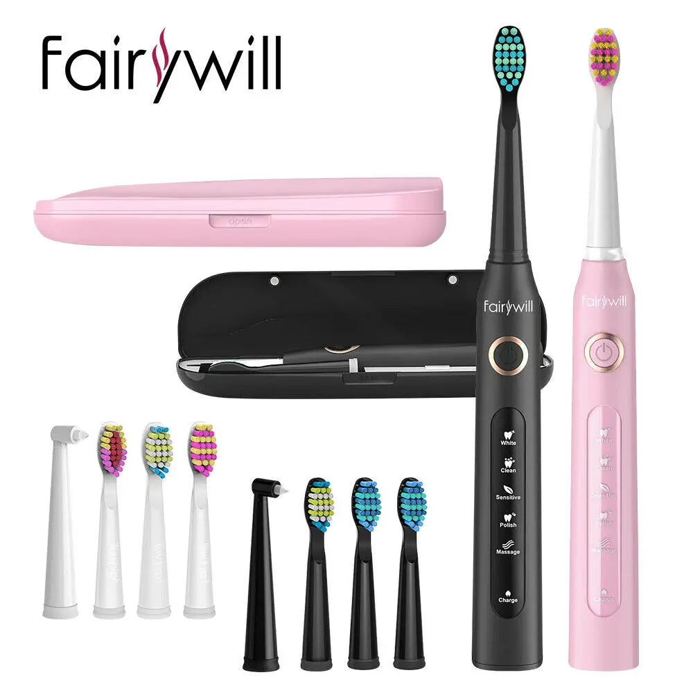 Fairywill FW-507 Sonic Electric Toothbrush: Ultra Sonic, 5 Modes, USB Charger, Waterproof IPX7 with 3 Brush Heads – Perfect Gift!