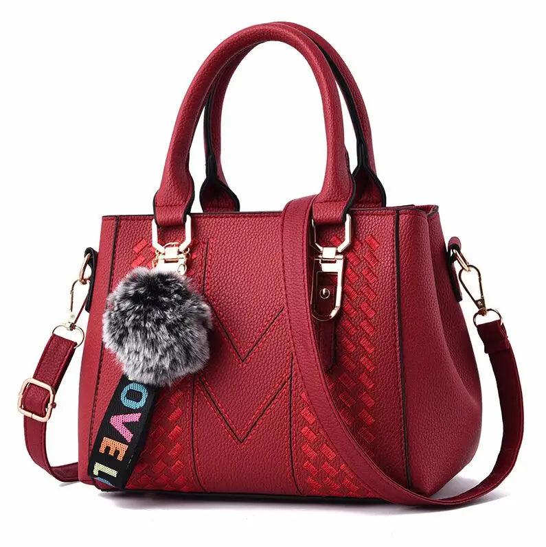👜 Embroidered Leather Messenger Handbag – Stylish Women's Shoulder Bag with Hair Ball Charm