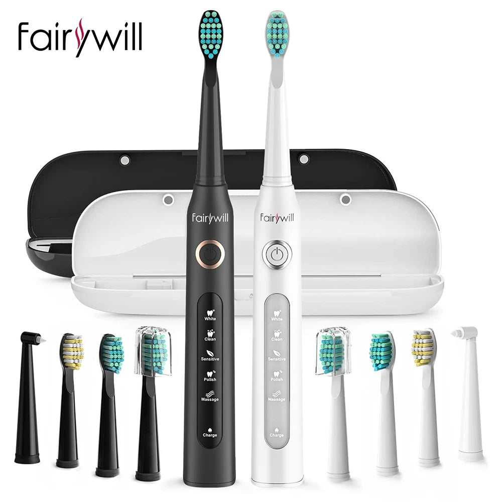 Fairywill FW-507 Sonic Electric Toothbrush: Ultra Sonic, 5 Modes, USB Charger, Waterproof IPX7 with 3 Brush Heads – Perfect Gift!