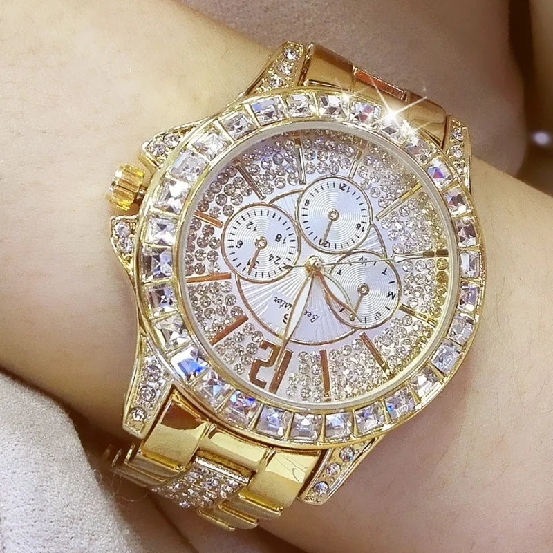 Luxury Women’s Quartz Watch – Rose Gold Crystal Wristwatch with Diamond Accents, Elegant Jewelry Timepiece