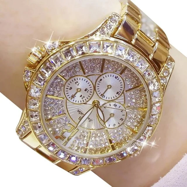 Luxury Women’s Quartz Watch – Rose Gold Crystal Wristwatch with Diamond Accents, Elegant Jewelry Timepiece