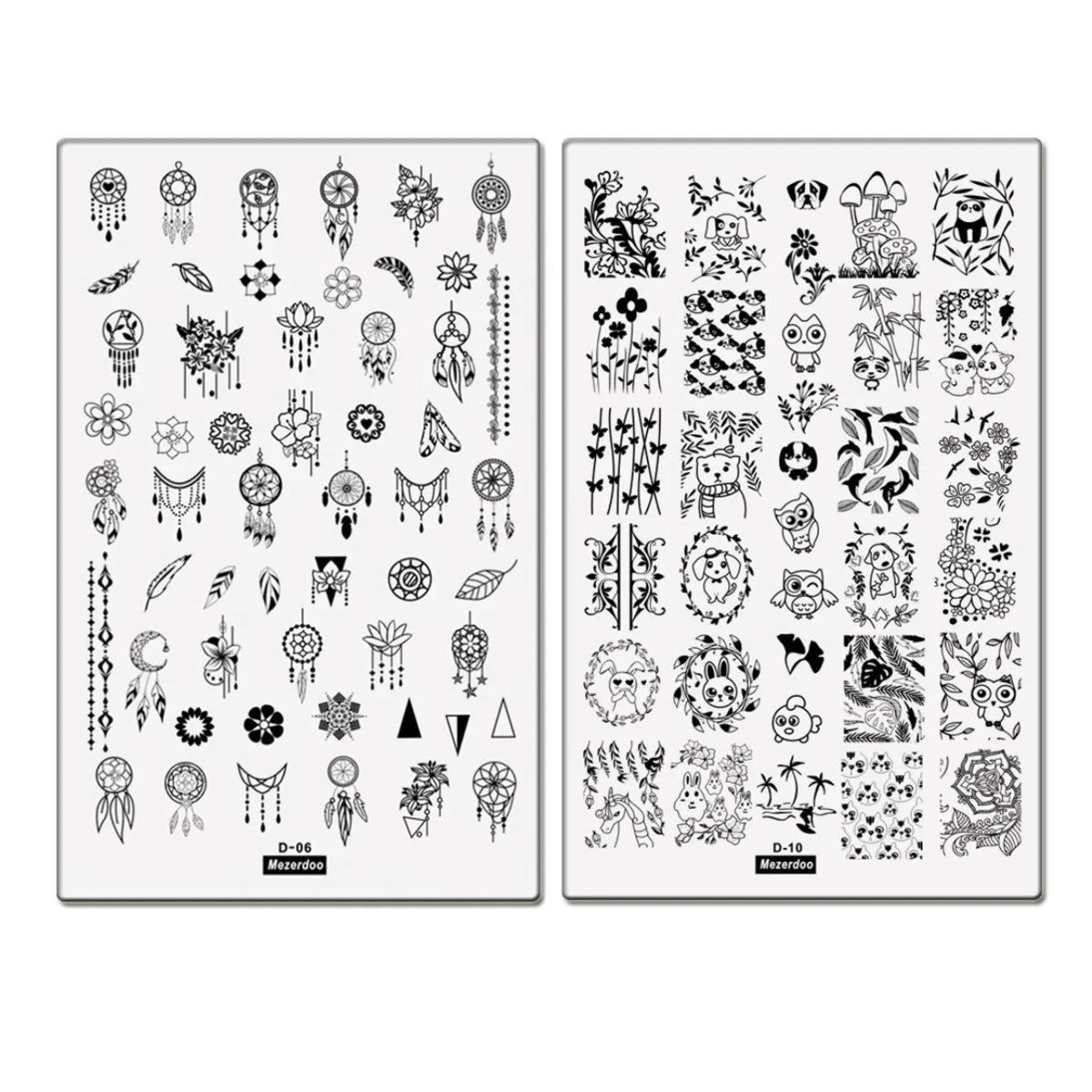 Big Size Nail Art Stamping Plates: Dream Catcher, Flower, Cute Cat, Owl, Crown, Queen, Feather Chains - 2Pcs/Set