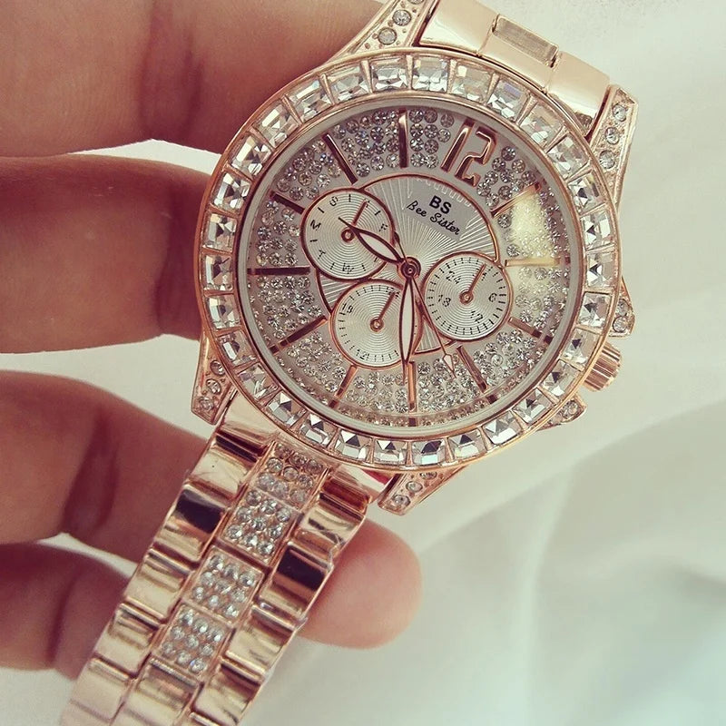 Luxury Women’s Quartz Watch – Rose Gold Crystal Wristwatch with Diamond Accents, Elegant Jewelry Timepiece