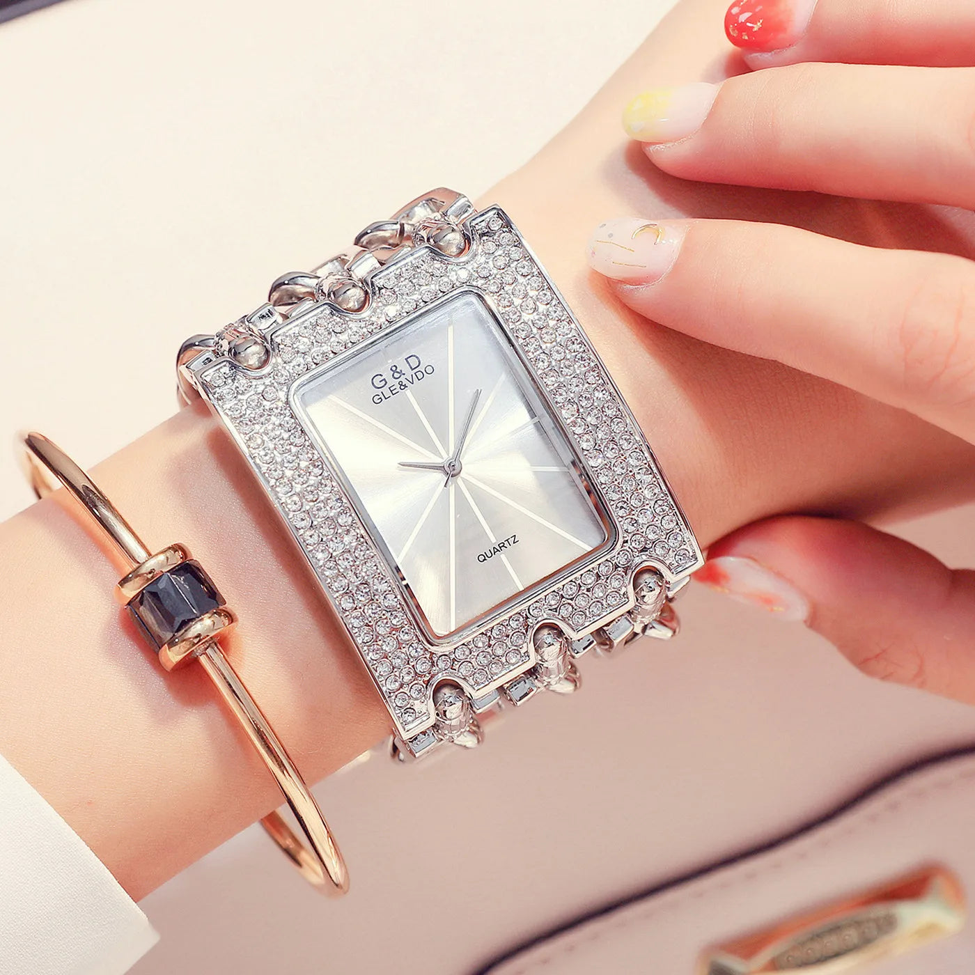 G&D Women's Fashion Bracelet Watch – Golden Quartz Wristwatch with Rhinestone Chains & Large Dial
