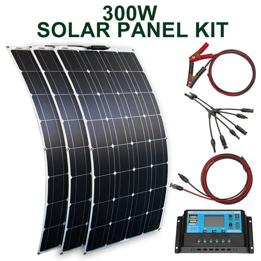 Flexible Solar Panel Kit – 100W/200W/300W High-Efficiency 12V/24V Battery Charger for RV, Boat, Camping & Off-Grid Use