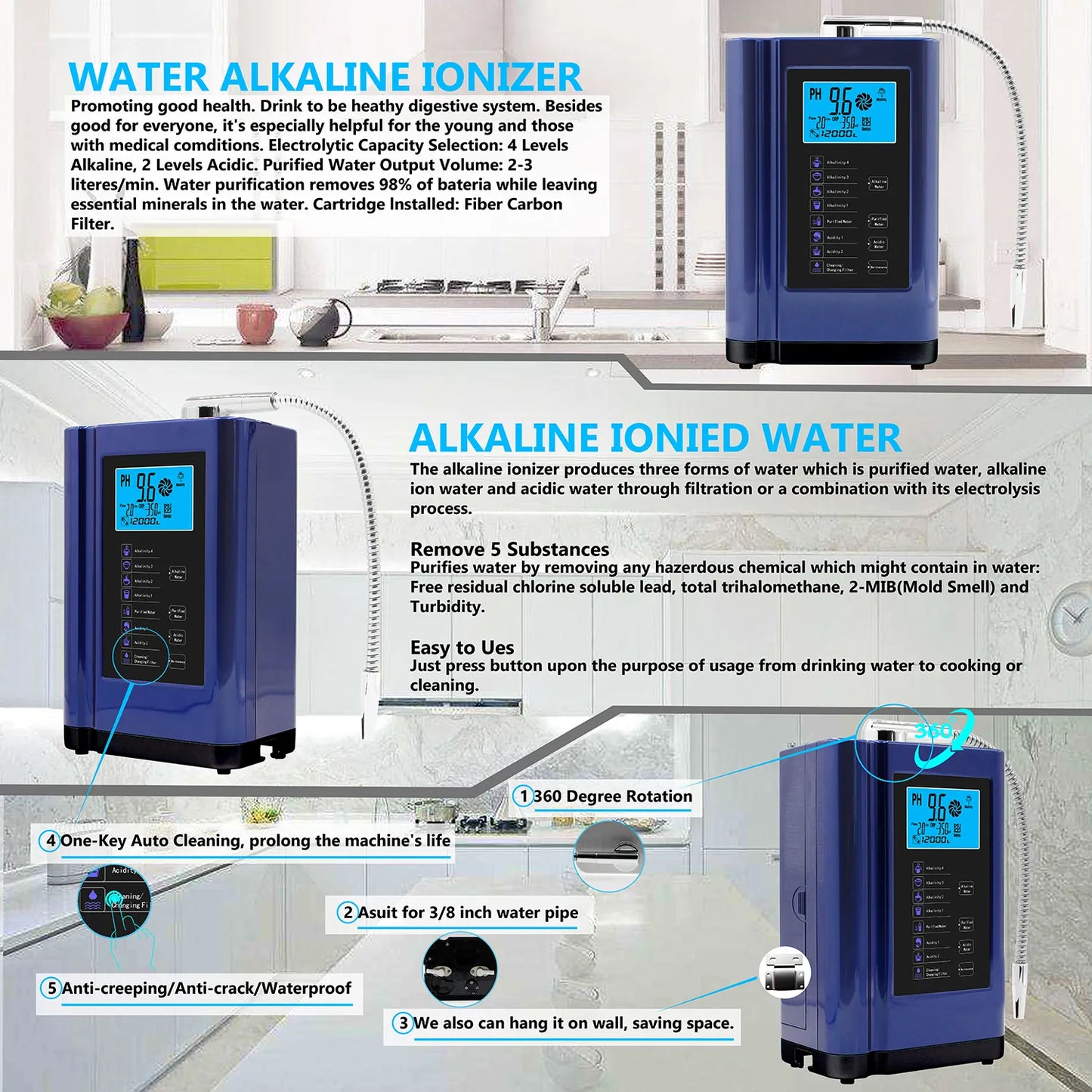 Alkaline Machine Water Ionizer Hydrogen Generator System for Home. Produces pH 3.5 -10.5 Alkaline Purified Non-Acidic Water.