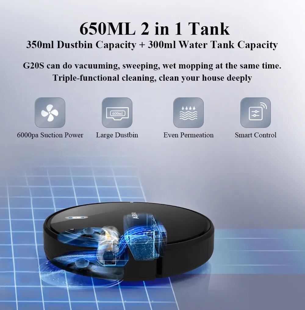 ABIR G20S Robot Vacuum Cleaner: Smart Map Memory, Powerful 6000Pa Suction, Electric Wet Mop, Remote Control, and WiFi App for Effortless Home Floor Cleaning