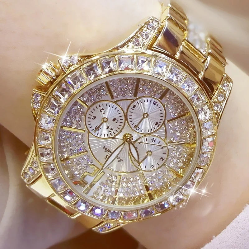 Luxury Women’s Quartz Watch – Rose Gold Crystal Wristwatch with Diamond Accents, Elegant Jewelry Timepiece