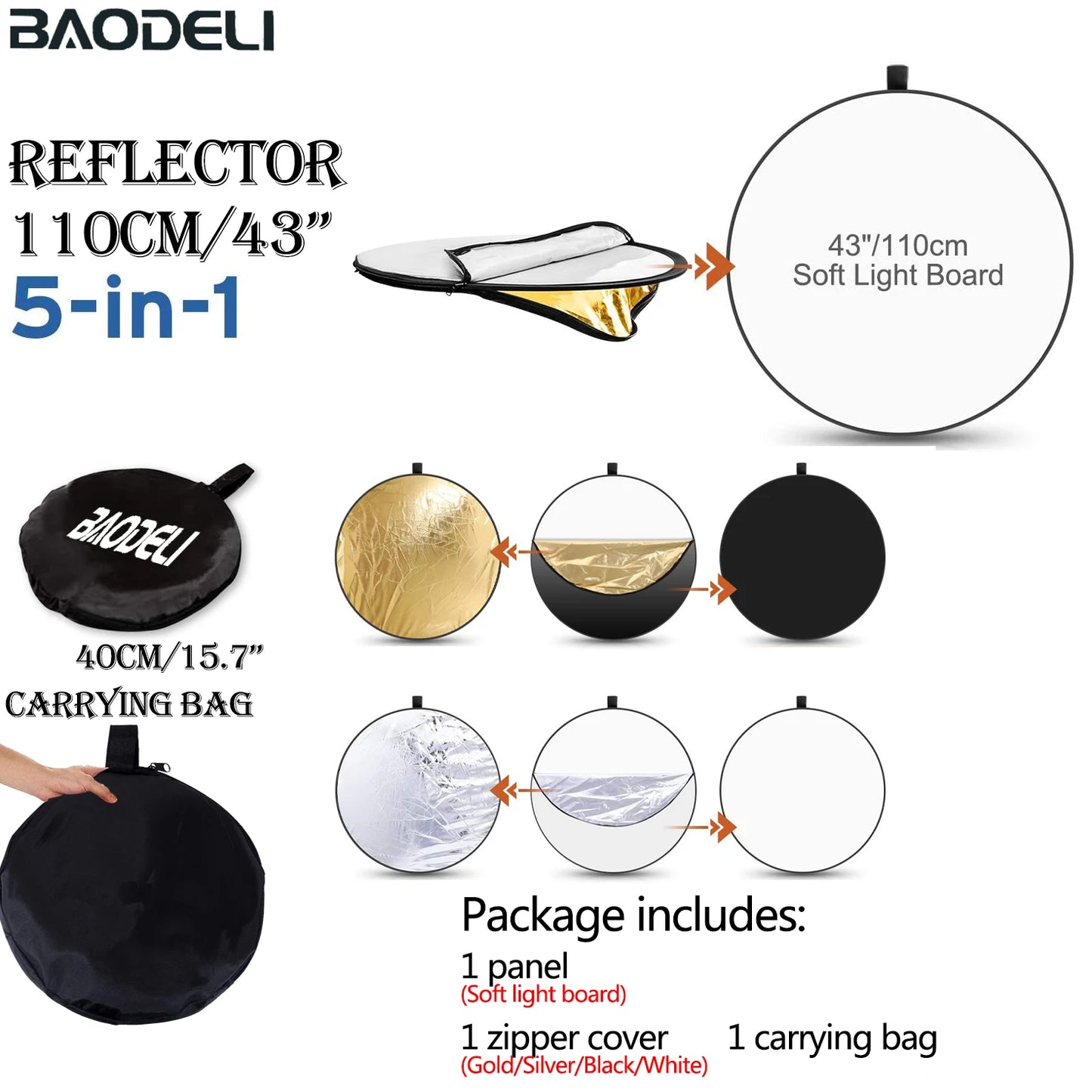 5-in-1 Collapsible Photography Reflector – 24" (60cm) Round Light Diffuser with Silver, Black, White, Gold & Translucent Surfaces