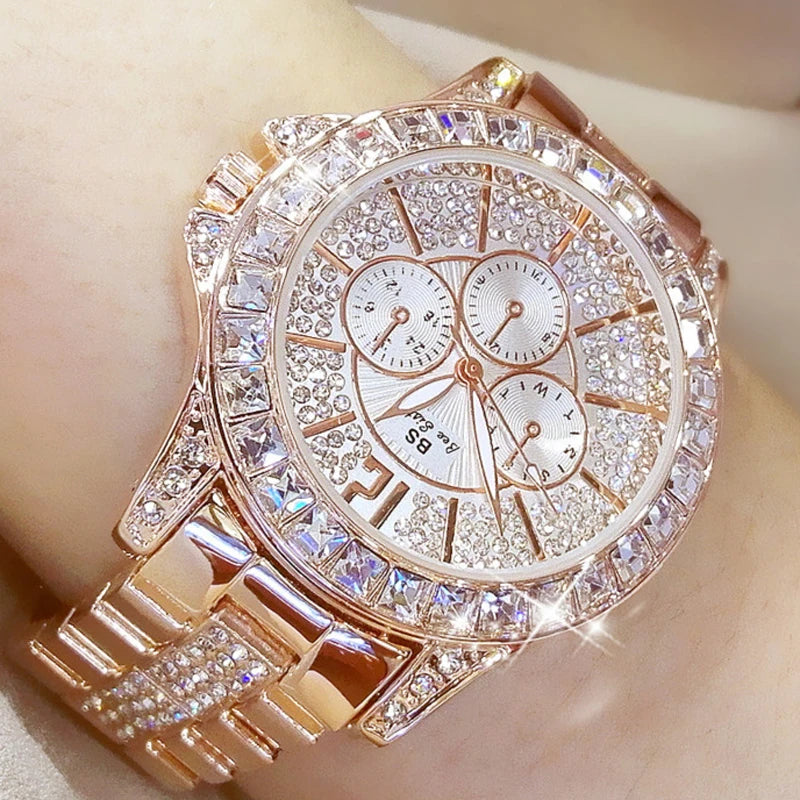 Luxury Women’s Quartz Watch – Rose Gold Crystal Wristwatch with Diamond Accents, Elegant Jewelry Timepiece