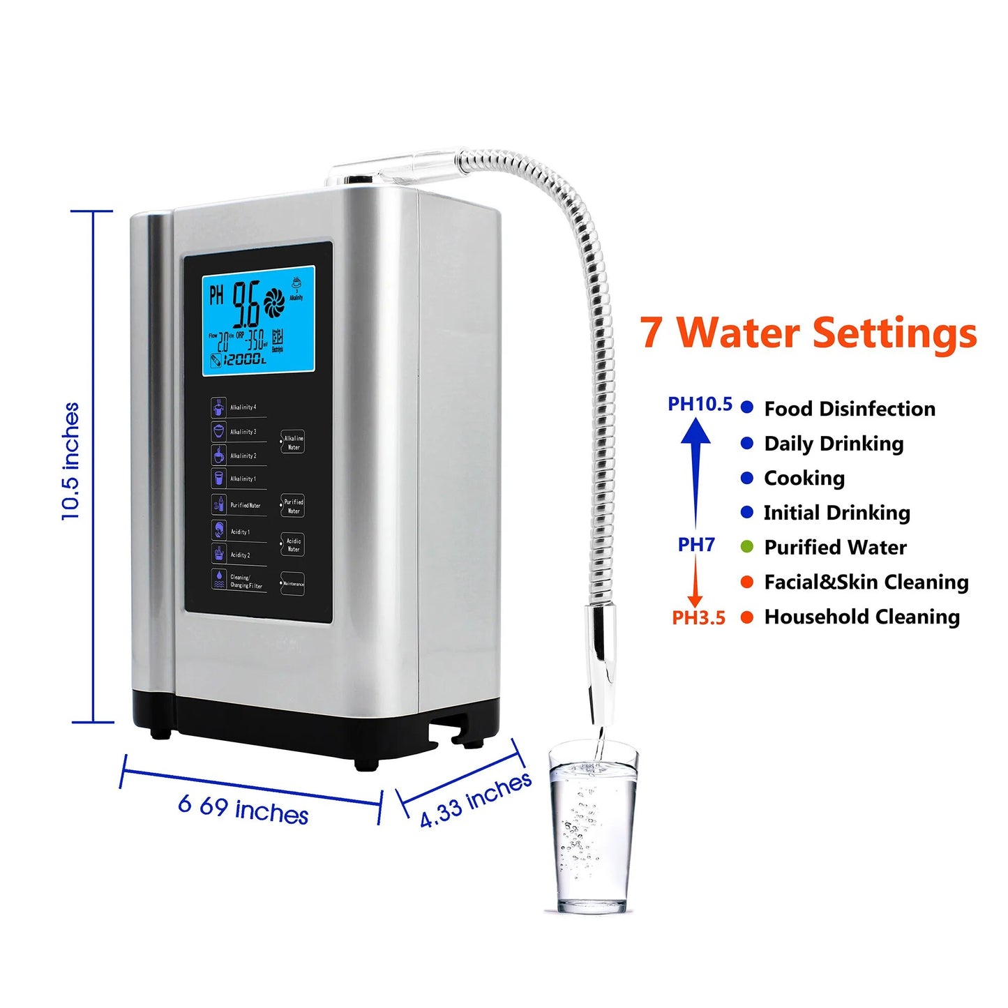 Alkaline Machine Water Ionizer Hydrogen Generator System for Home. Produces pH 3.5 -10.5 Alkaline Purified Non-Acidic Water.