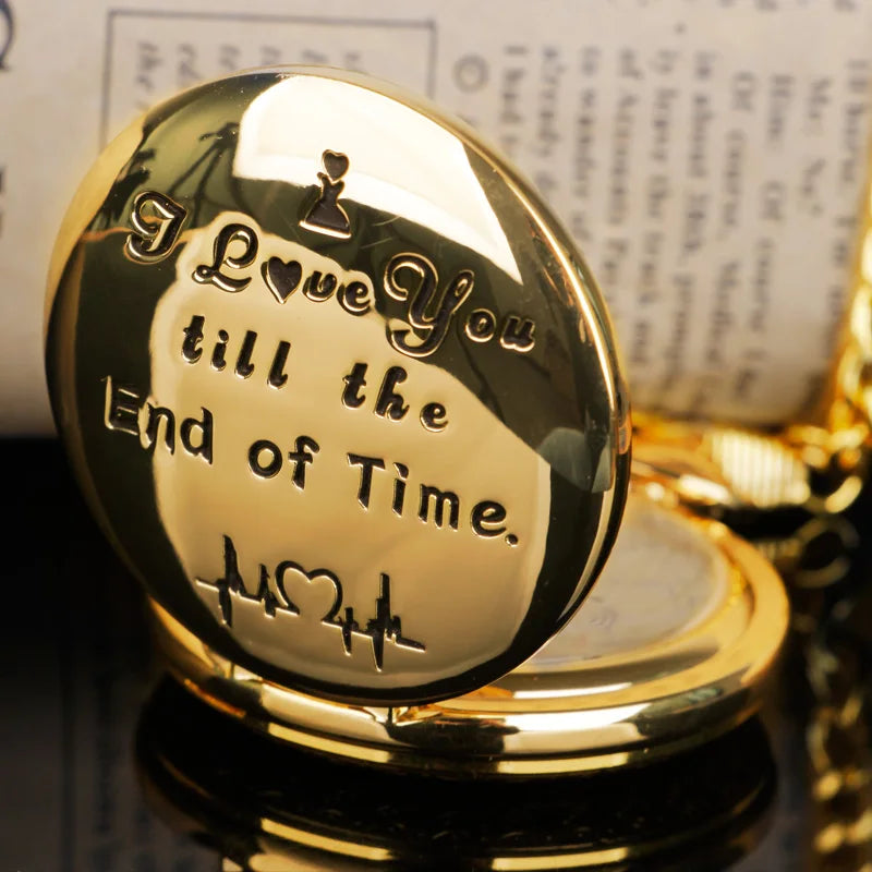 Luxury “I Love You” Golden Quartz Pocket Watch – Romantic Couple Gift Pendant, Vintage Necklace Timepiece