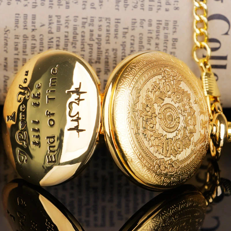 Luxury “I Love You” Golden Quartz Pocket Watch – Romantic Couple Gift Pendant, Vintage Necklace Timepiece