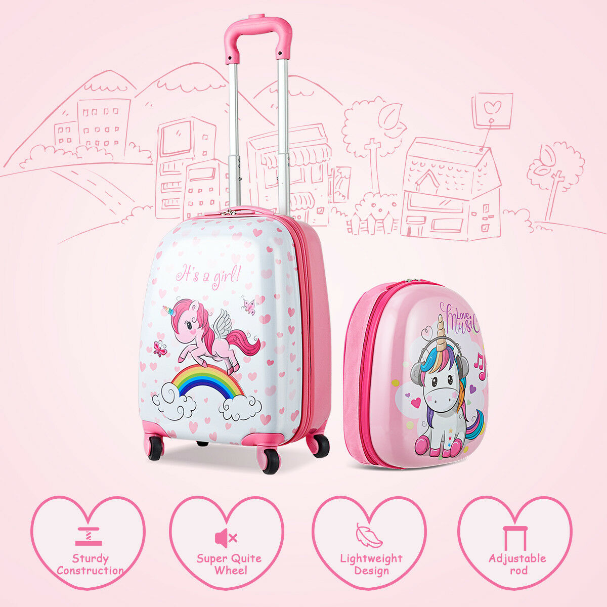 Adventurous School Companion for Children: 2-Piece Set - 12'' Backpack and 16'' Rolling Suitcase, Built to Last with Durable ABS