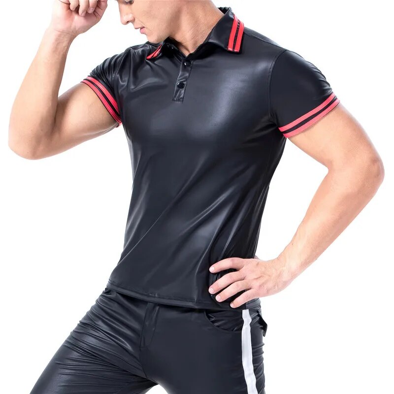 Plus Size Faux Leather Men's Short Sleeve Tee: Ideal for Sports, Fitness, and Streetwear - Elevate Your Casual Outfits