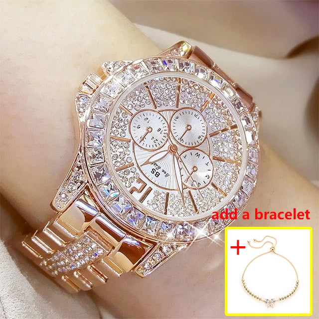 Luxury Women’s Quartz Watch – Rose Gold Crystal Wristwatch with Diamond Accents, Elegant Jewelry Timepiece