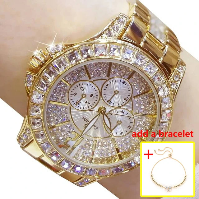 Luxury Women’s Quartz Watch – Rose Gold Crystal Wristwatch with Diamond Accents, Elegant Jewelry Timepiece