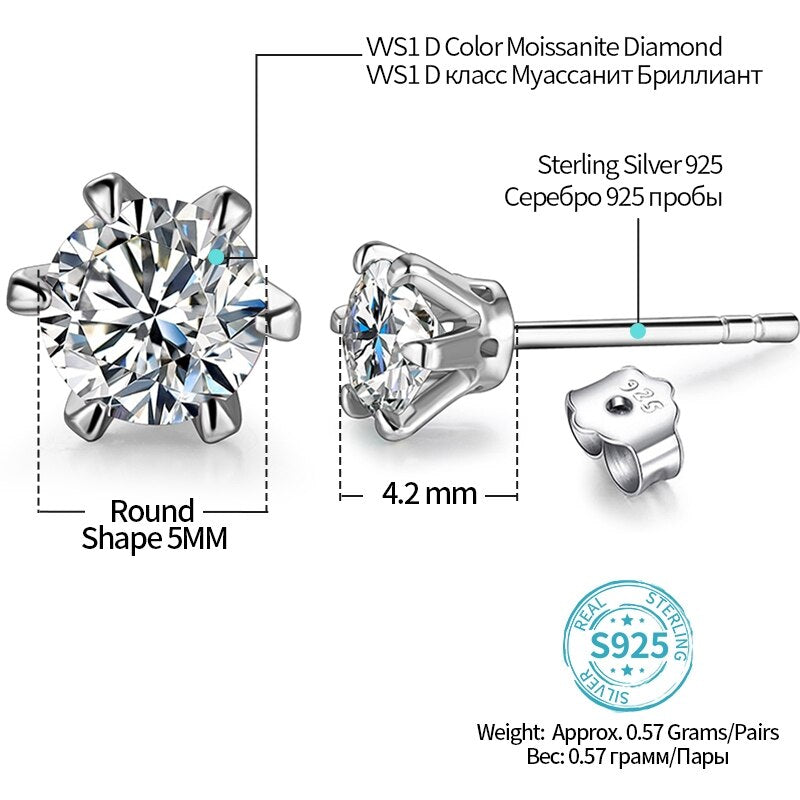 New Arrival 0.5 Carat Moissanite Gemstone Stud Earrings for Women: Elegant Solid 925 Sterling Silver D Color Solitaire Fine Jewelry