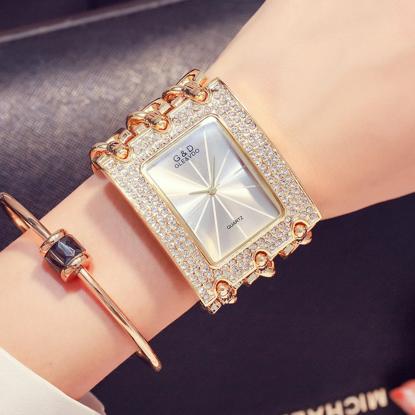 G&D Women's Fashion Bracelet Watch – Golden Quartz Wristwatch with Rhinestone Chains & Large Dial