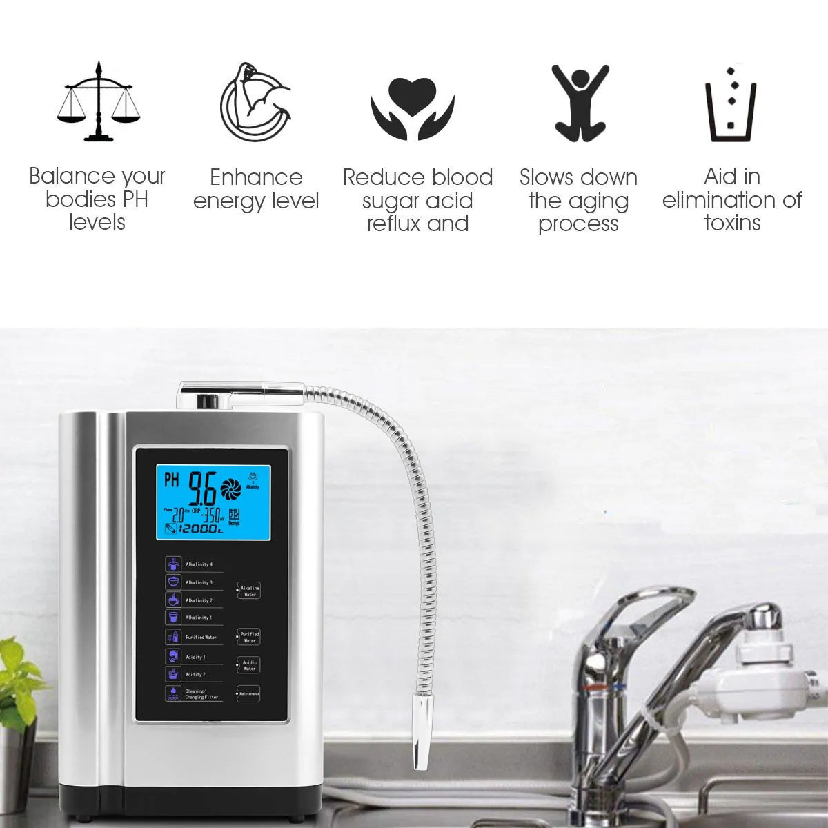 Alkaline Machine Water Ionizer Hydrogen Generator System for Home. Produces pH 3.5 -10.5 Alkaline Purified Non-Acidic Water.