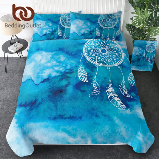 Luxury Chinese Style King Size Watercolor Dreamcatcher Bedding Set - Blue Quilt Cover for Adults and Kids