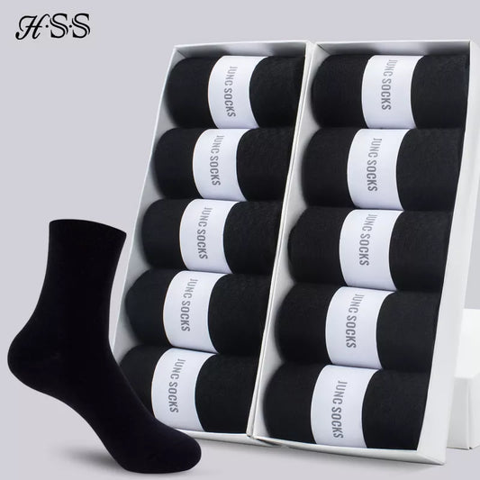 HSS Brand Men's Cotton Socks: New Black Business Style, Offering Soft, Breathable Comfort for Summer and Winter, Suitable for Men in Plus Sizes (6.5-14).