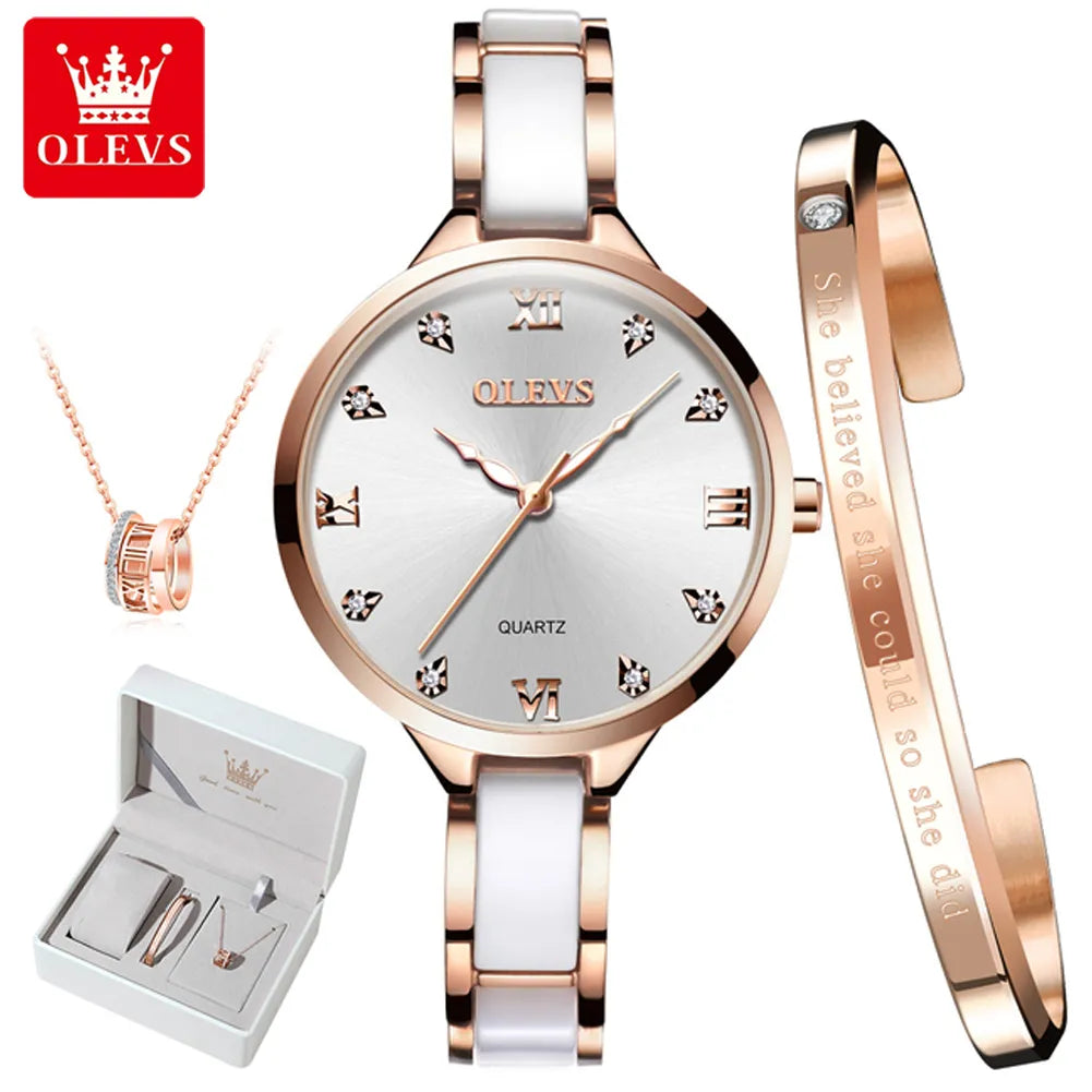 OLEVS Quartz Women's Watch: Elegant Ceramic Strap, Japan Movement, 30M Waterproof - The Perfect Valentine's Day Gift for Her