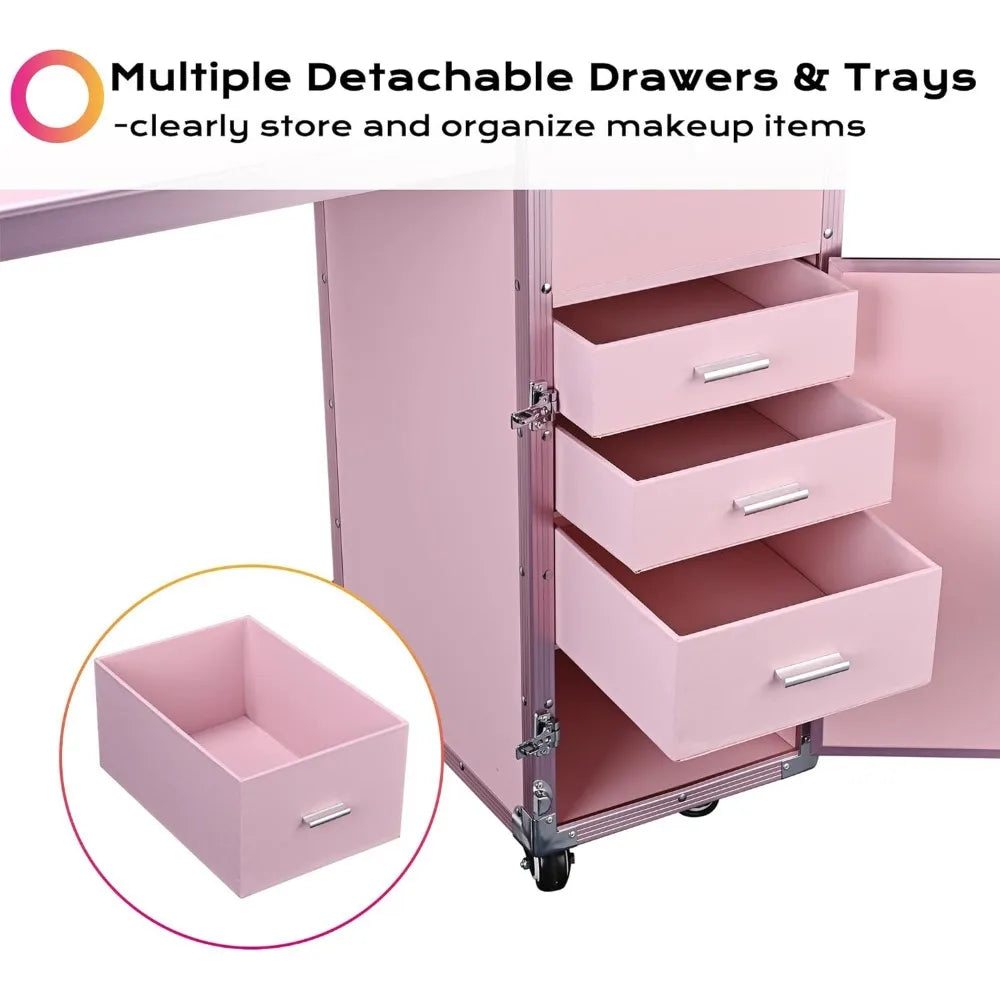 Foldable Rolling Manicure Table with Built-in Speaker: Nail Table and Makeup Train Case for Travel Storage and Organization