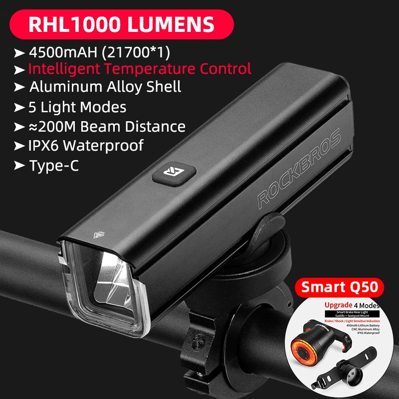 Illuminate Your Ride with ROCKBROS 1000LM Type-C Rechargeable Bicycle Front Light – Powerful LED, 4500mAh Battery, Waterproof Design