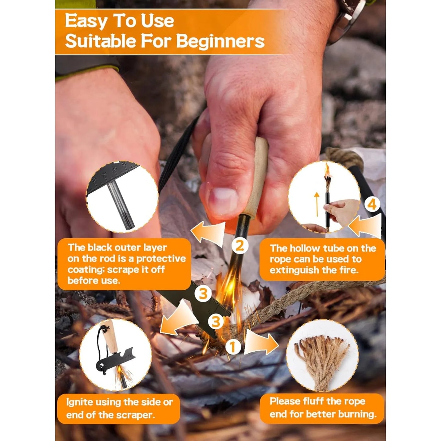 Fire Starter Survival Kit – Magnesium Rod, Wick Hemp Rope & Outdoor Carry Bag Included