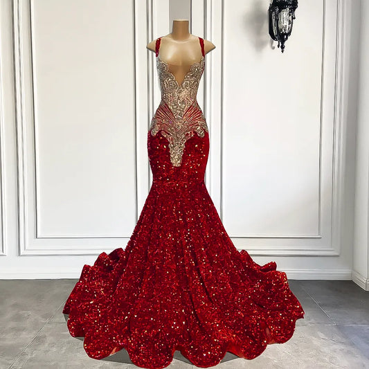 Luxurious Mermaid Style Prom Dresses 2024: Sparkling Silver Crystals, Red Sequins, and Black Formal Gowns for Prom Party