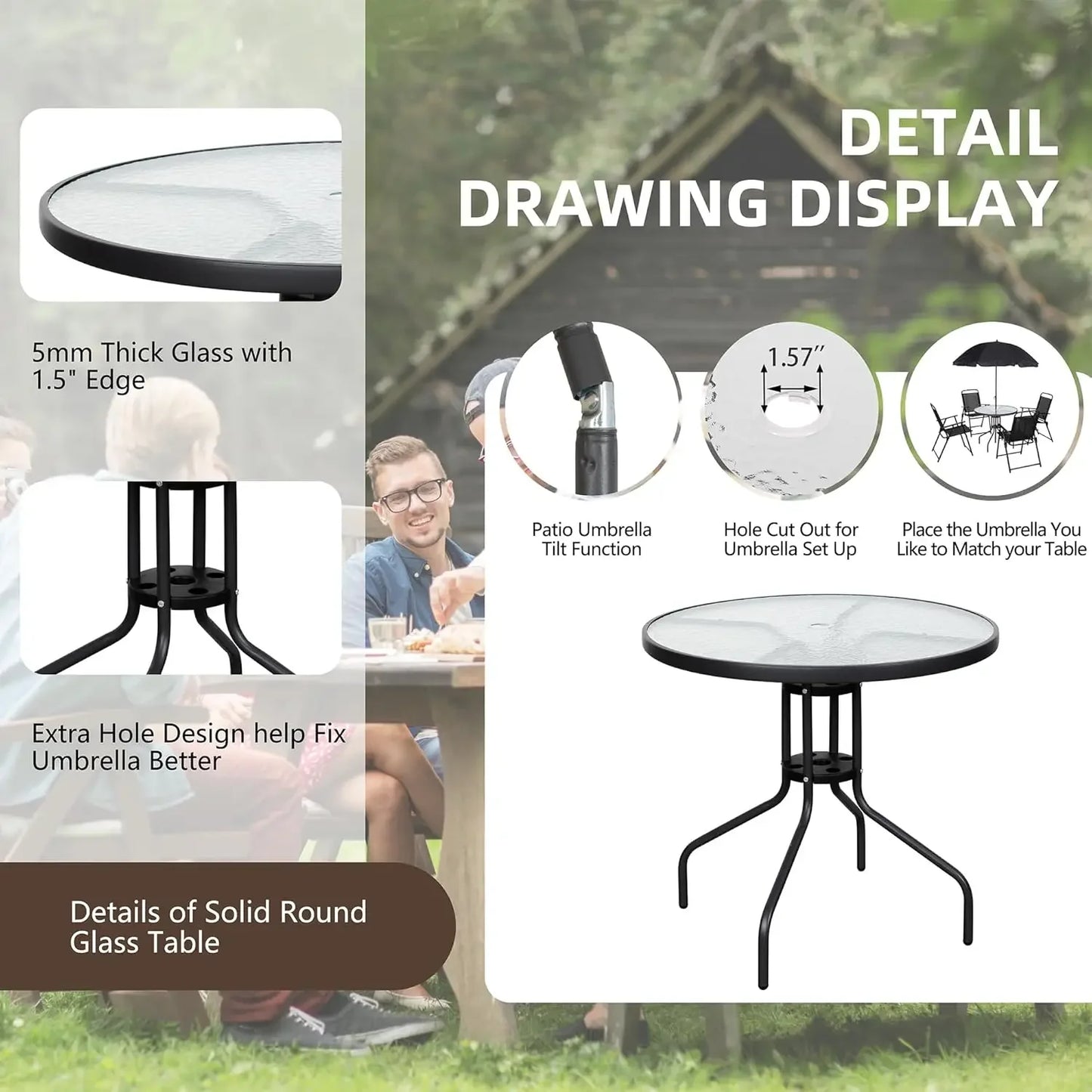 6-Piece Folding Patio Dining Set – Compact Outdoor Table, Chairs & Umbrella for Garden, Deck, or Backyard (Black)