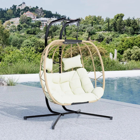 Oversized Double Swing Egg Chair with Stand – 2-Person Hanging Wicker Patio Chair with Cushion, 550 lbs Capacity