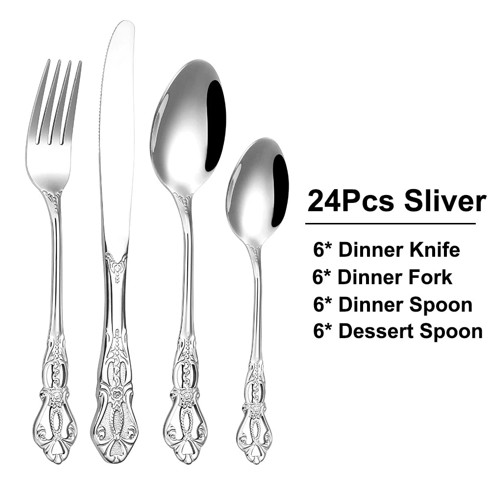 6/24/30-Piece Luxury Silver Cutlery Set – Elegant Stainless Steel Flatware for Stylish Dining